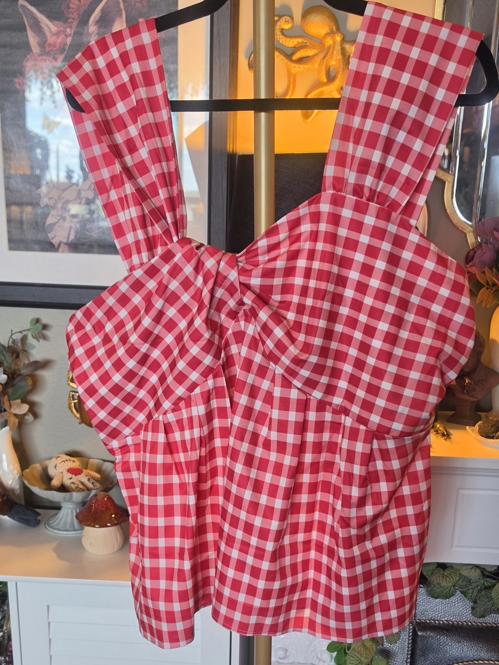 SHEIN Red and White Gingham Twist-Front Top